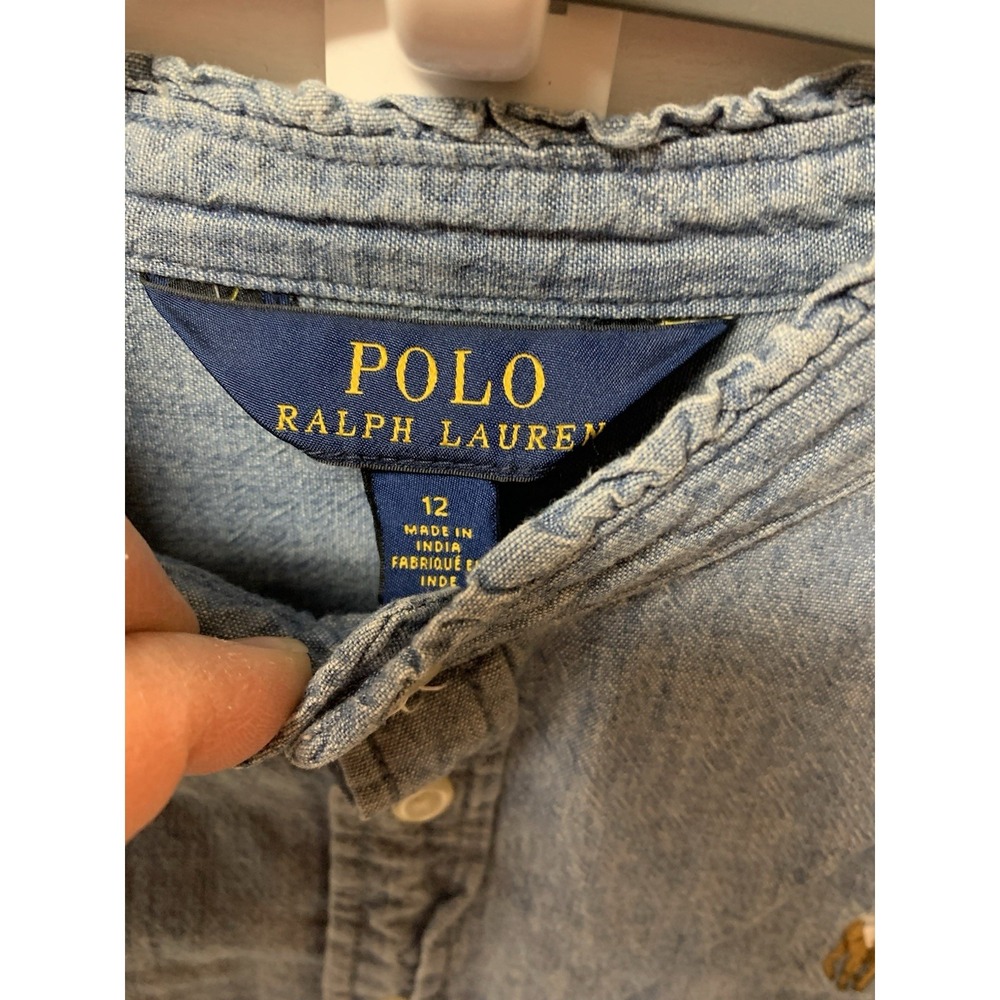 Ralph Lauren Polo Girls Chambray Denim Dress Size 12 Long Sleeve Ruffle Hem - Picture 5 of 12